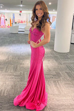 AC 3018 - Stretch Jersey Fit & Flare Prom Gown With Beaded Lace Embellished Bodice & Lace Up Corset Back PROM GOWN Amelia Couture 0 HOT PINK 