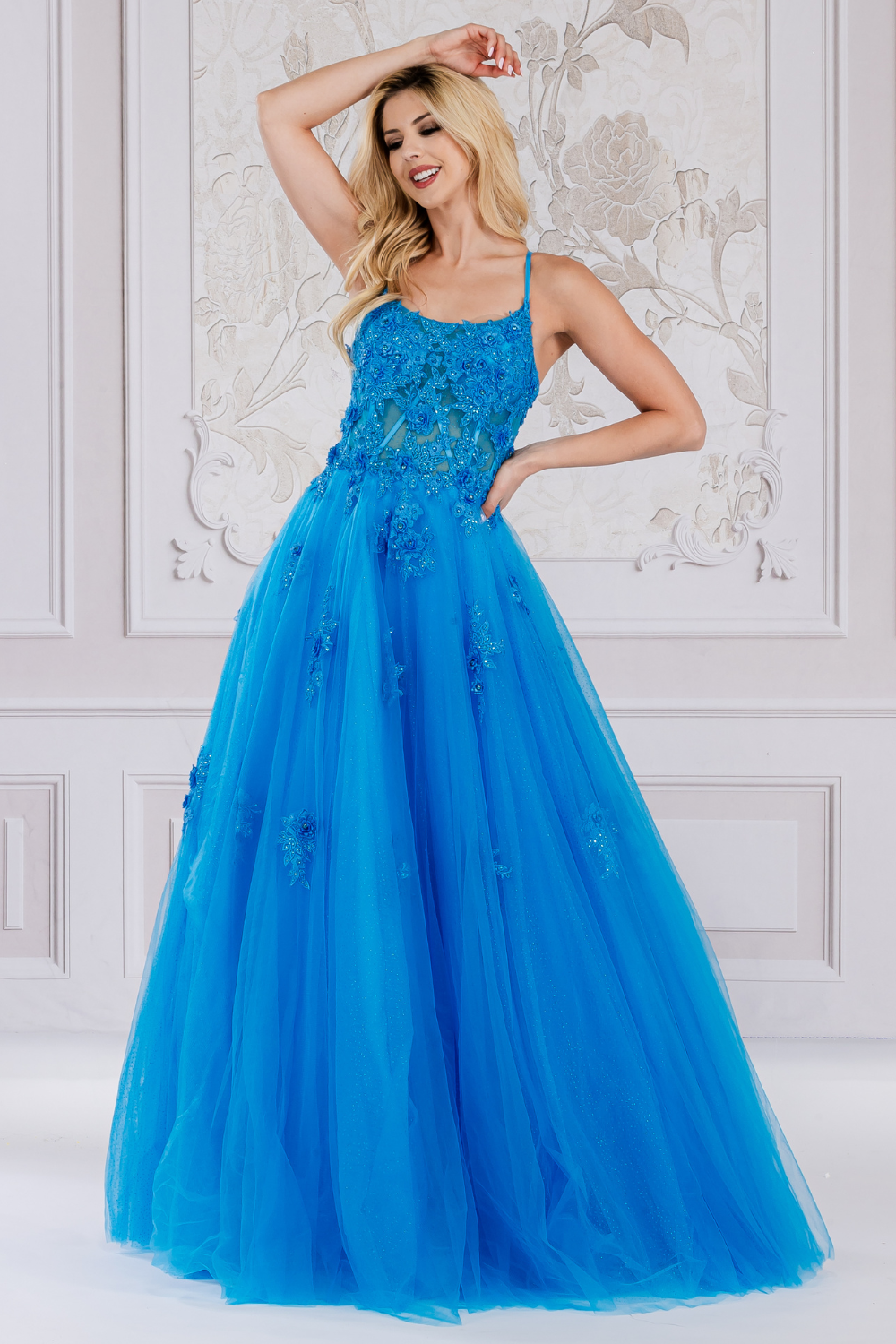 AC 7035 - Beaded Floral Applique A-Line Prom Gown With Sheer Boned Bod –  Diggz Formals