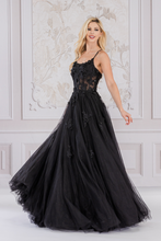 AC 7035 - Beaded Floral Applique A-Line Prom Gown With Sheer Boned Bodice & Lace Up Corset Back PROM GOWN Amelia Couture   