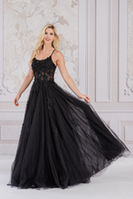 AC 7035 - Beaded Floral Applique A-Line Prom Gown With Sheer Boned Bodice & Lace Up Corset Back PROM GOWN Amelia Couture 2 BLACK 