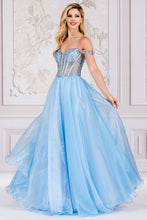 AC 7040 - Off The Shoulder A-Line Prom Gown With Bead Embellished Boned Bodice & Lace Up Corset Back PROM GOWN Amelia Couture 0 BABY BLUE 