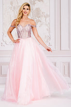 AC 7040 - Off The Shoulder A-Line Prom Gown With Bead Embellished Boned Bodice & Lace Up Corset Back PROM GOWN Amelia Couture 0 PINK 