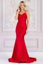 AC 3012 - Stretch Jersey Fit & Flare Prom Gown with Cowl Neckline & Open Lace Up Back PROM GOWN Diggz Formals Red 2 