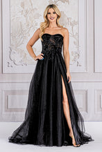 AC TM1015 - 3D Floral Appliqued Strapless A-Line Prom Gown Sheer Boned Bodice & Leg Slit PROM GOWN Amelia Couture 0 BLACK 