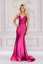 AC 3018 - Rhinestone Embellished Fit & Flare Prom Gown with V-Neck & Open Lace Up Corset Back Prom Gown Amelia Couture 0 Hot Pink