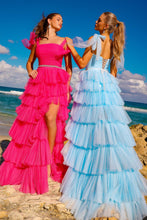 AC 6125 - Layered Tulle A-Line Prom Gown with Square Neck Tulle Bow Straps Lace Up Back & Leg Slit PROM GOWN Amelia Couture