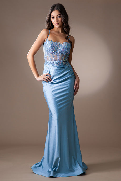 AC TM1018 - Hot Stone Embellished Stretch Jersey Fit & Flare Prom Gown with Sheer Beaded Lace Corset Bodice & Strappy Open Back PROM GOWN Amelia Couture 0 VINTAGE BLUE 