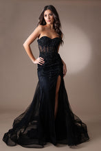 AC 7051 - Strapless Fit and Flare Prom Gown with Sheer Bead Embellished Boned Corset Bodice Leg Slit & Open Lace Up Back PROM GOWN Amelia Couture 0 BLACK 