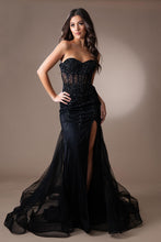 AC 7051 - Strapless Fit & Flare Prom Gown with Sheer Boned Beaded Corset Bodice & Leg Slit PROM GOWN Amelia Couture Black 0 