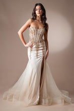 AC 7051 - Strapless Fit & Flare Prom Gown with Sheer Boned Beaded Corset Bodice & Leg Slit PROM GOWN Amelia Couture 0 Champagne