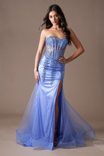 AC 7051 - Strapless Fit & Flare Prom Gown with Sheer Boned Beaded Corset Bodice & Leg Slit PROM GOWN Amelia Couture   