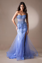 AC 7051 - Strapless Fit & Flare Prom Gown with Sheer Boned Beaded Corset Bodice & Leg Slit PROM GOWN Amelia Couture 0 Periwinkle