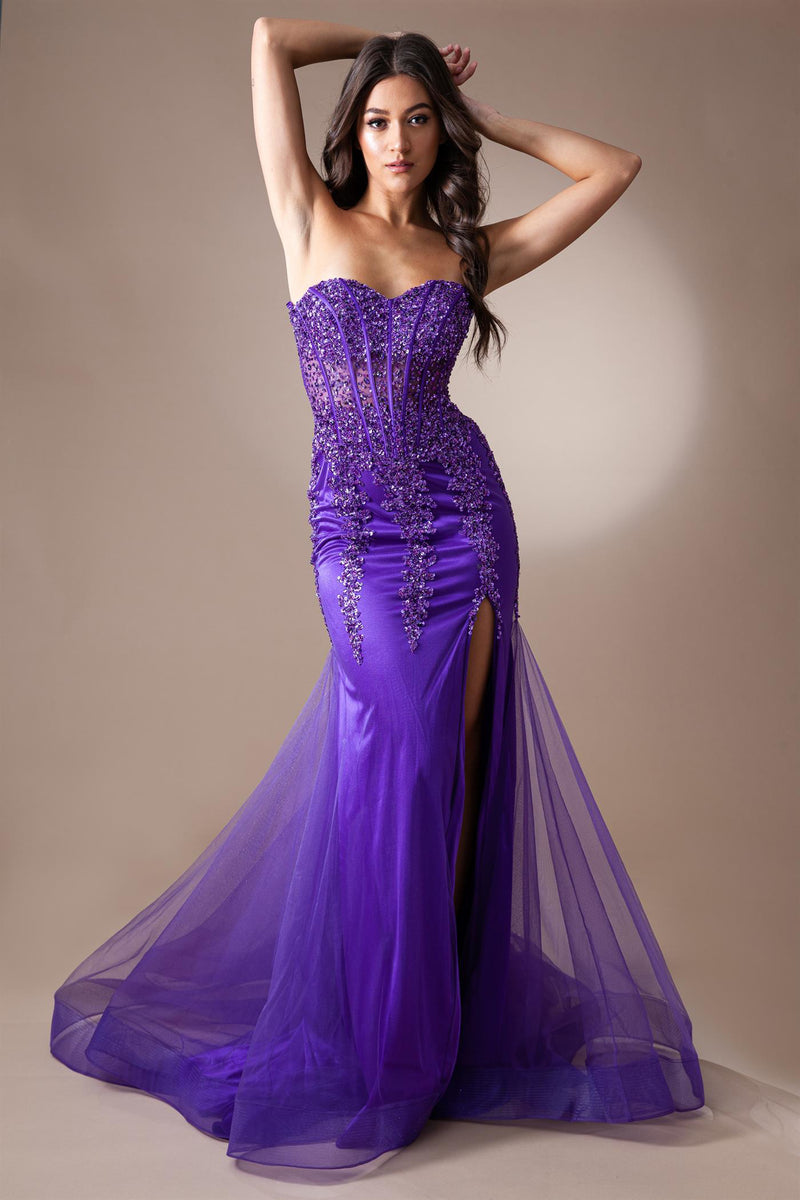 AC 7051 - Strapless Fit and Flare Prom Gown with Sheer Bead Embellished  Boned Corset Bodice Leg Slit & Open Lace Up Back