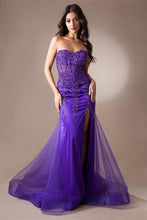 AC 7051 - Strapless Fit & Flare Prom Gown with Sheer Boned Beaded Corset Bodice & Leg Slit PROM GOWN Amelia Couture Purple 0 