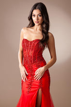 AC 7051 - Strapless Fit & Flare Prom Gown with Sheer Boned Beaded Corset Bodice & Leg Slit PROM GOWN Amelia Couture   