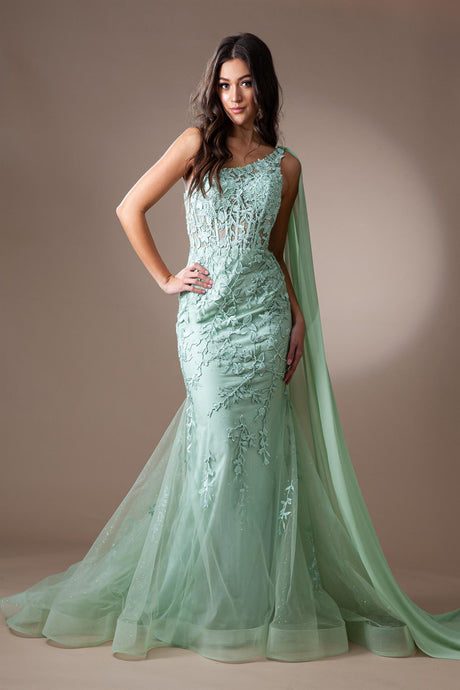AC 7048 - One Shoulder Beaded Lace Embellished Fit & Flare Prom Gown with Sheer Boned Corset Bodice & Shoulder Sash PROM GOWN Amelia Couture 0 SAGE 
