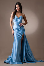 AC 3013 - Strapless Stretch Jersey Fit & Flare Prom Gown with Ruched Bodice High Leg Slit & Side Sash PROM GOWN Diggz Formals Vintage Blue 2