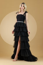 AC 6125 - Layered Tulle A-Line Prom Gown with Square Neck Tulle Bow Straps Lace Up Back & Leg Slit PROM GOWN Amelia Couture