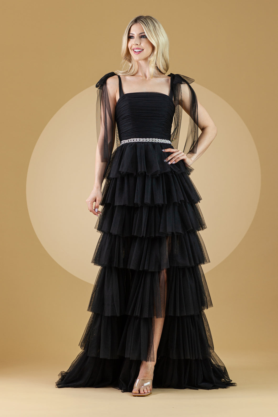 AC 6125 - Layered Tulle A-Line Prom Gown with Square Neck Tulle Bow St Diggz Formals AC 6125 - Layered Tulle A-Line Prom Gown with Square Neck Tulle Bow St Diggz Formals