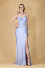 AC 7052 - Strapless Stretch Jersey Fit & Flare Prom Gown with Boned Beaded Lace Corset Bodice Sheer Underarms Lace Up Back & Leg Slit PROM GOWN Amelia Couture 0 PERIWINKLE 