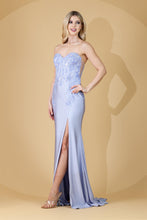 AC 7052 - Strapless Stretch Jersey Fit & Flare Prom Gown with Boned Beaded Lace Corset Bodice Sheer Underarms Lace Up Back & Leg Slit PROM GOWN Amelia Couture   