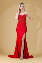AC 7052 - Strapless Stretch Jersey Fit & Flare Prom Gown with Boned Beaded Lace Corset Bodice Sheer Underarms Lace Up Back & Leg Slit PROM GOWN Amelia Couture 0 RED 