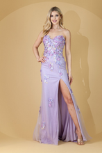 AC BZ9019 - 3D Floral Embellished Stretch Jersey Fit & Flare Prom Gown with Sheer Boned Bodice Open Lace Up Corset Back & Leg Slit PROM GOWN Amelia Couture 0 LILAC 