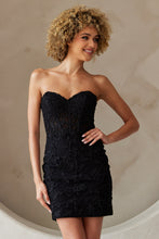 AC 7053S - Short Strapless Sequin Lace Embellished Fitted Homecoming Dress with Sheer Boned Bodice & Open  Lace Up Back Homecoming Amelia Couture Black 0 