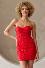 AC 7053S - Short Strapless Sequin Lace Embellished Fitted Homecoming Dress with Sheer Boned Bodice & Open  Lace Up Back Homecoming Amelia Couture Red 0 