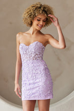 AC 7053S - Short Strapless Sequin Lace Embellished Fitted Homecoming Dress with Sheer Boned Bodice & Open  Lace Up Back Homecoming Amelia Couture Lilac 0 