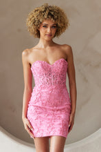 AC 7053S - Short Strapless Sequin Lace Embellished Fitted Homecoming Dress with Sheer Boned Bodice & Open  Lace Up Back Homecoming Amelia Couture Pink 0 