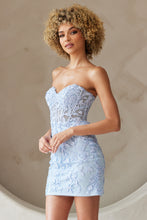 AC 7053S - Short Strapless Sequin Lace Embellished Fitted Homecoming Dress with Sheer Boned Bodice & Open  Lace Up Back Homecoming Amelia Couture Baby Blue 0 