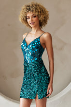 AC 5057S - Fitted Sequin Homecoming Dress with Sheer Bead Embellished V-Neck Bodice & Lace Up Back Homecoming Amelia Couture Emerald 0 