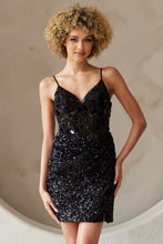 AC 5057S - Fitted Sequin Homecoming Dress with Sheer Bead Embellished V-Neck Bodice & Lace Up Back Homecoming Amelia Couture Black 2 