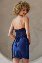 AC BZ9025S - Short Strapless Stretch Statin Fitted Homecoming Dress with Sheer Beaded Embellished Boned Corset Bodice &  Open Lace Up Back Homecoming Amelia Couture   