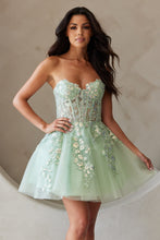 AC BZ9024S - Short Strapless A-Line Homecoming Dress with Sheer Beaded Sweetheart Neckline & Lace-Up Corset Back Homecoming Amelia Couture Sage 0 