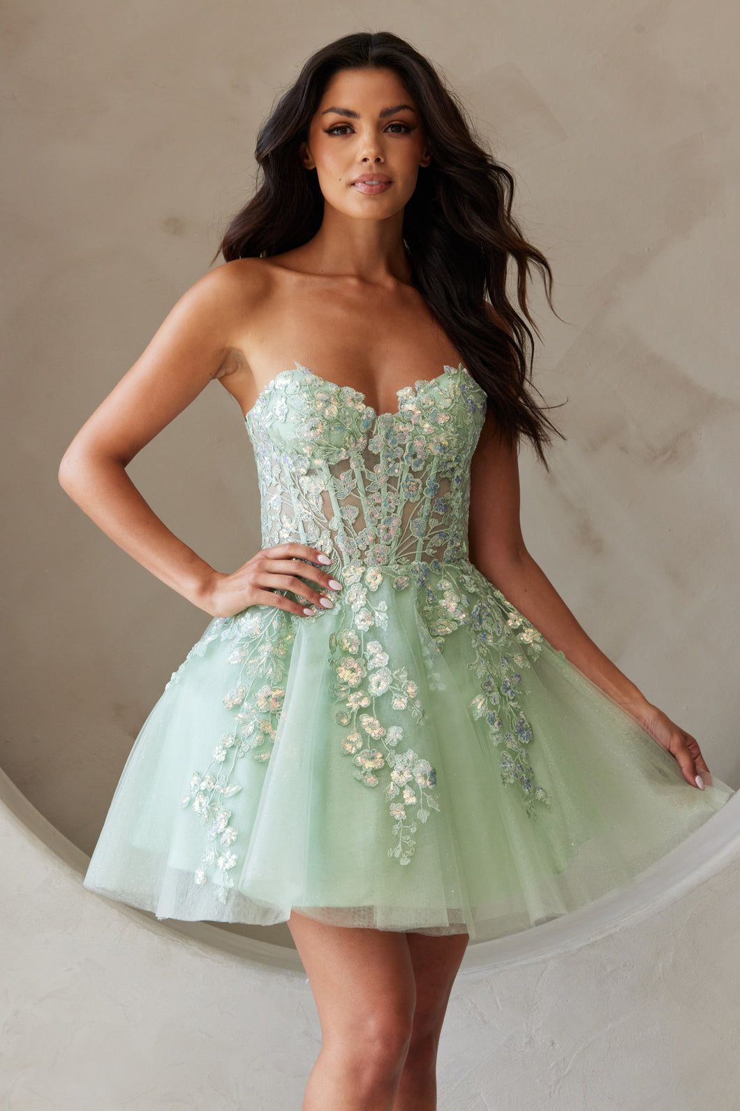 AC BZ9024S - Short Strapless A-Line Homecoming Dress with Sheer Beaded Diggz Formals AC BZ9024S - Short Strapless A-Line Homecoming Dress with Sheer Beaded Diggz Formals