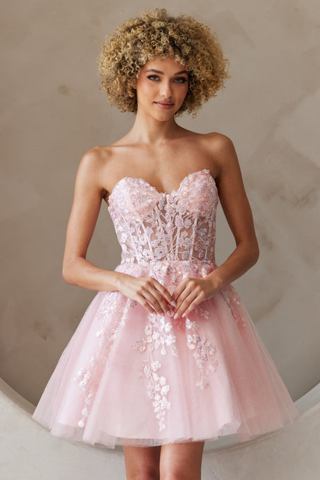 AC BZ9024S - Short Strapless A-Line Homecoming Dress with Sheer Beaded Sweetheart Neckline & Lace-Up Corset Back Homecoming Amelia Couture Blush 8 