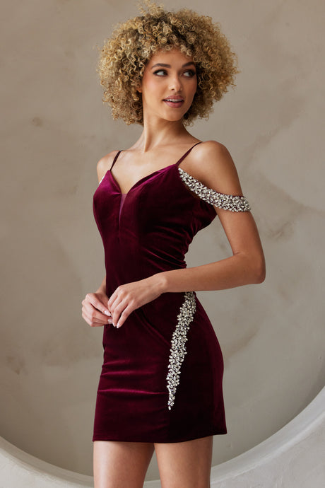 AC 6200S - Off The Shoulder Fitted Homecoming Dress with Rhinestones Detail & V-Back Homecoming Amelia Couture Wine 0 