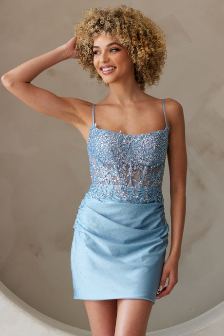 AC TM1025S - Short Fitted Homecoming Dress with Embellished  Sheer Boned Bodice Open Lace Up Corset Back & Rhinestone Adorned Skirt Homecoming Amelia Couture Blue 0 