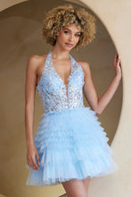 AC BZ9040S - Short A-Line Homecoming Dress with Sheer Sequin Embellished Halter Neck & Layered Shimmering Tulle Skirt Homecoming Amelia Couture Baby Blue 0 