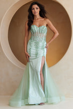 AC 7051 - Strapless Fit & Flare Prom Gown with Sheer Boned Beaded Corset Bodice & Leg Slit PROM GOWN Amelia Couture 0 Sage