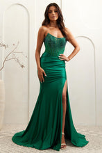 AC 3042 - Strapless Fit & Flare Prom Gown with Rhinestone Embellished Sheer Corset & Leg Slit PROM GOWN Amelia Couture Emerald 0 