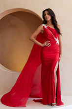 AC 7056 - One Shoulder Jersey Fit & Flare Prom Gown with Rhinestone Embellished Shoulder & Waist Keyhole Top & Shoulder Sash PROM GOWN Amelia Couture Red 2 