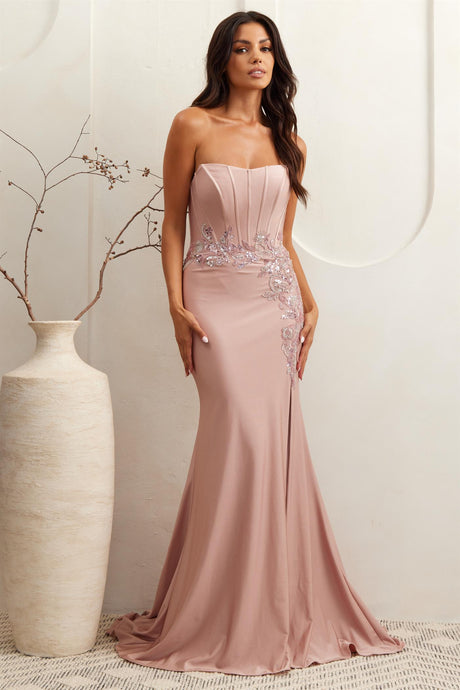 AC 7057 - Strapless Stretch Jersey Fit & Flare Prom Gown with Boned Corset Bodice Bead Embellished Waist & Leg Slit PROM GOWN Amelia Couture Rose 6 