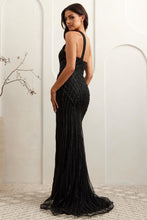 AC 8001 - One Shoulder Linear Bead Embellished Fit & Flare Prom Gown with Keyhole Bodice & Leg Slit PROM GOWN Amelia Couture   