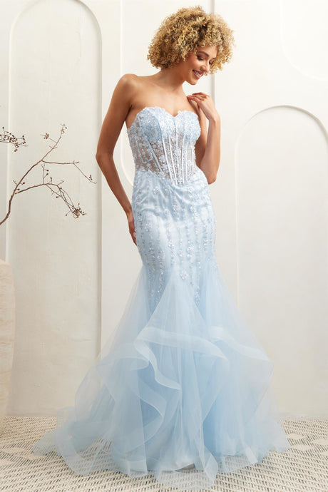 AC 8002 - Strapless 3D Floral & Beaded Embellishment Mermaid Prom Gown with Sheer Corset Bodice & Open Lace Up Back PROM GOWN Amelia Couture Baby Blue 0 