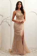 AC AG0111 - Iridescent Fit & Flare Prom Gown with Beaded Lace Halter Neck & Leg Slit PROM GOWN Amelia Couture Gold 2