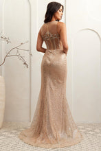 AC AG0111 - Iridescent Fit & Flare Prom Gown with Beaded Lace Halter Neck & Leg Slit PROM GOWN Amelia Couture