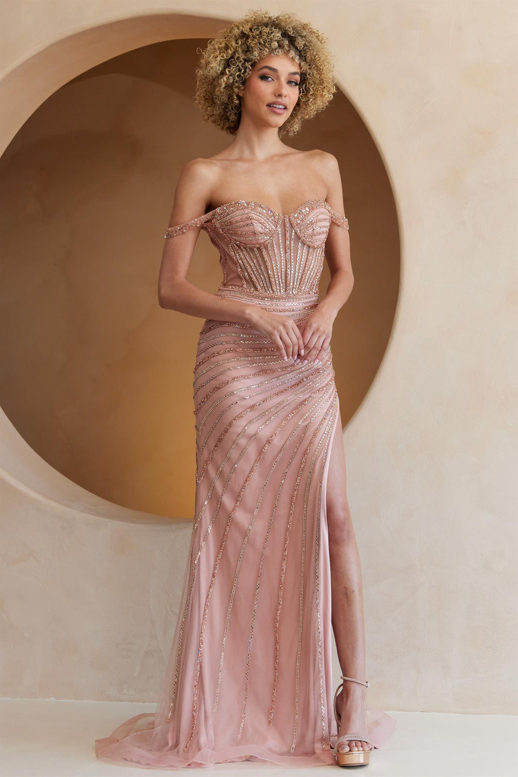 AC TM1029 - Off the Shoulder Linear Bead Embellished Fit & Flare Prom Diggz Formals AC TM1029 - Off the Shoulder Linear Bead Embellished Fit & Flare Prom Diggz Formals